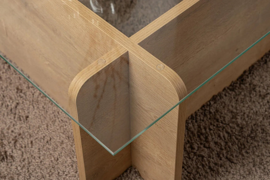 Couchtisch Flavio aus melaminbeschichteten Holz und gehärtetem Glas in Eiche, 105×65×30 cm von Hanah Home – Bild 4