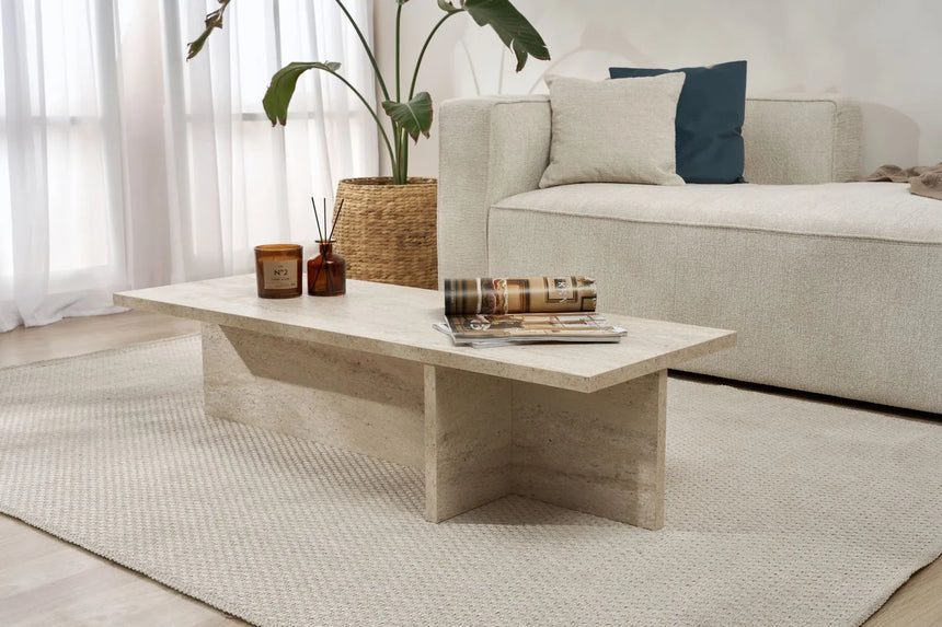 Couchtisch Harbor aus melaminbeschichteter Spanplatte in Travertin, 120×45×30 cm von Hanah Home – Bild 2