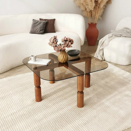 Couchtisch Kei aus Buchenholz und gehärtetem Glas in Walnuss und Bronze, 80×80×40 cm von Hanah Home – Bild 2