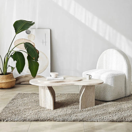 Couchtisch Melted aus melaminbeschichteten Holz in Travertin, 105×65×35 cm von Hanah Home – Bild 2