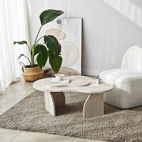 Couchtisch Melted aus melaminbeschichteten Holz in Travertin, 105×65×35 cm von Hanah Home – Bild 3