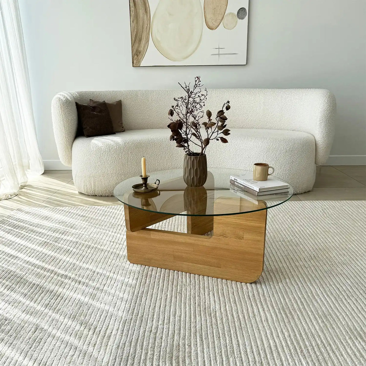 Couchtisch Mia aus massivem Kiefernholz und gehärtetem Glas in Eiche und Transparent, 75×75×35 cm von Hanah Home – Bild 1