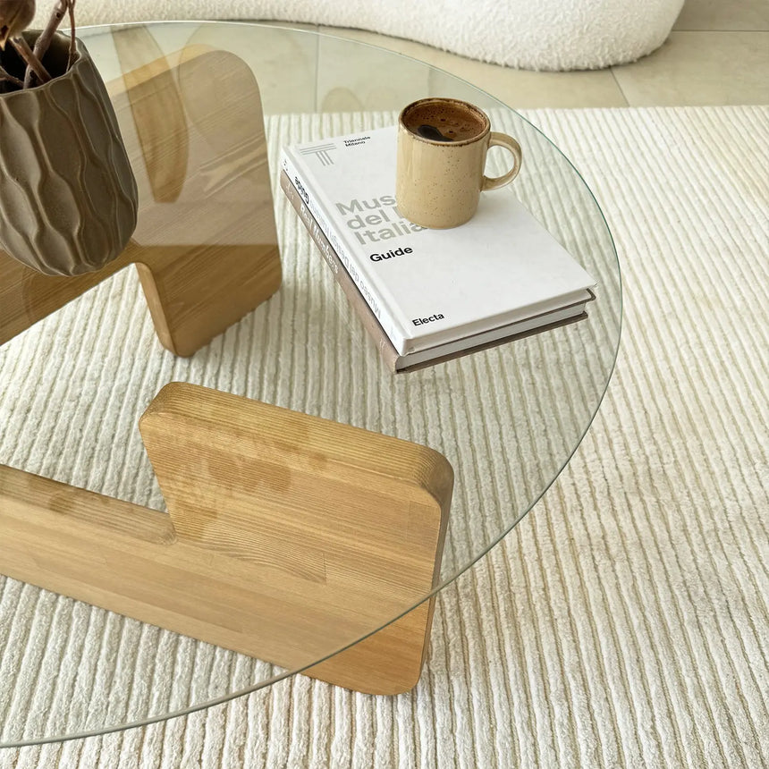 Couchtisch Mia aus massivem Kiefernholz und gehärtetem Glas in Eiche und Transparent, 75×75×35 cm von Hanah Home – Bild 5