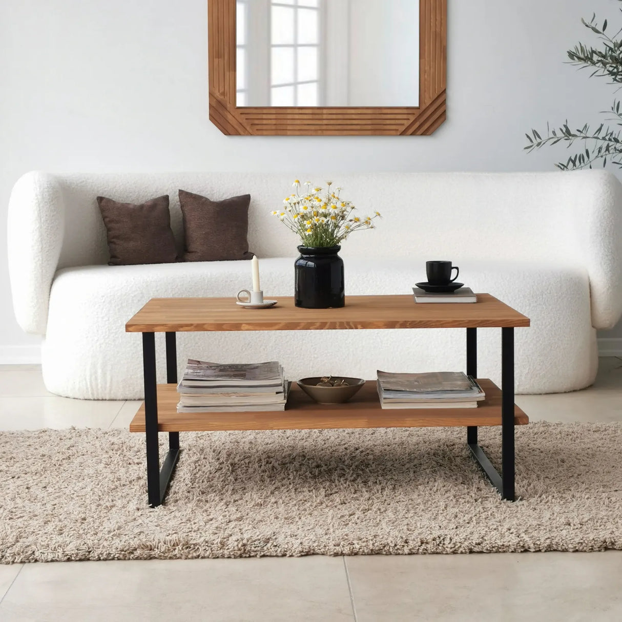 Couchtisch Neta aus massivem Kiefernholz und Metall in Eiche, 85×60×40 cm von Hanah Home – Bild 5