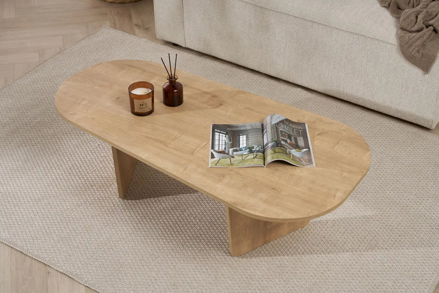 Couchtisch Ovalis aus melaminbeschichteter Spanplatte in Eiche, 130×65×40 cm von Hanah Home – Bild 3
