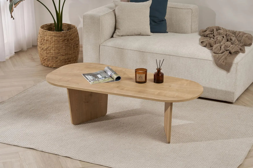 Couchtisch Ovalis aus melaminbeschichteter Spanplatte in Eiche, 130×65×40 cm von Hanah Home – Bild 4
