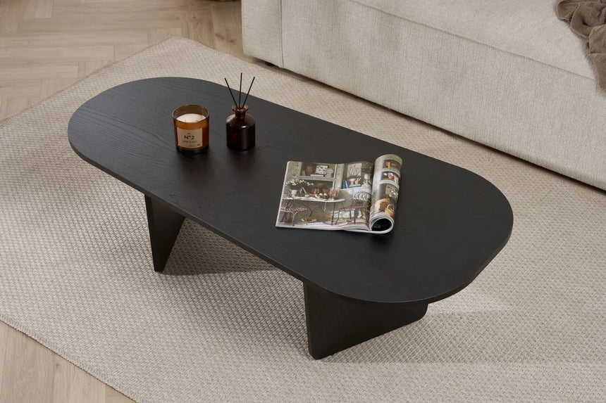 Couchtisch Ovalis aus melaminbeschichteter Spanplatte in Holzschwarz, 130×65×40 cm von Hanah Home – Bild 3