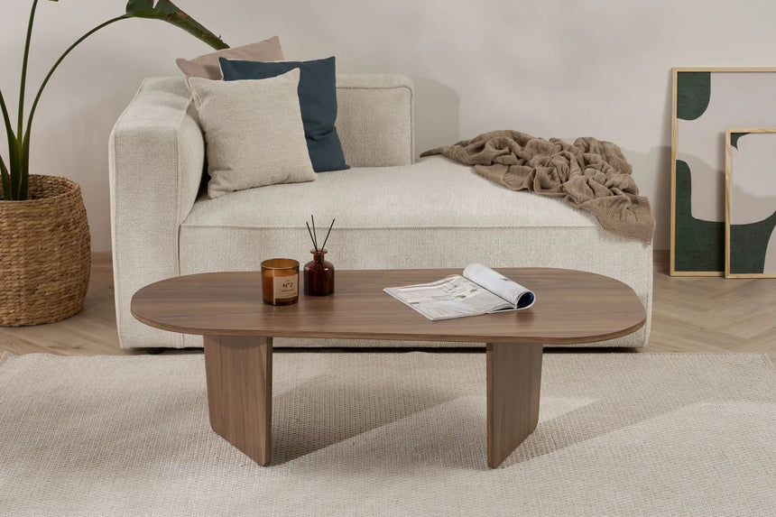 Couchtisch Ovalis aus melaminbeschichteter Spanplatte in Nussbaum, 130×65×40 cm von Hanah Home – Bild 1