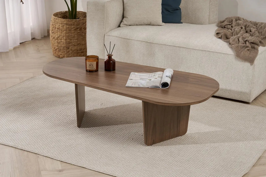 Couchtisch Ovalis aus melaminbeschichteter Spanplatte in Nussbaum, 130×65×40 cm von Hanah Home – Bild 2
