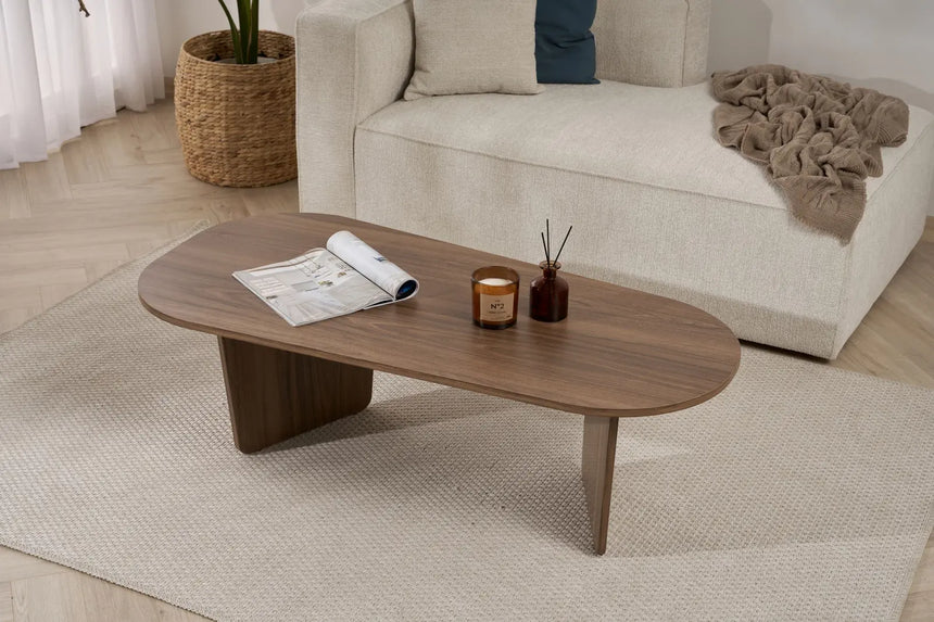 Couchtisch Ovalis aus melaminbeschichteter Spanplatte in Nussbaum, 130×65×40 cm von Hanah Home – Bild 4