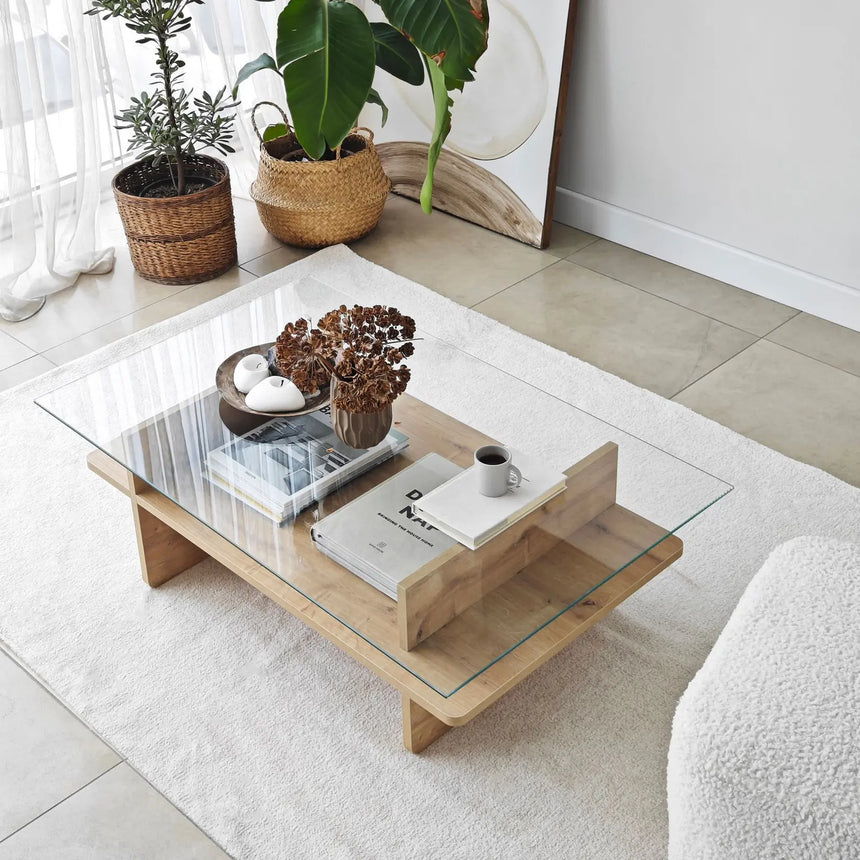 Couchtisch Saga Rectangle aus Holz und gehärtetem Glas in Saphir und Transparent, 105×65×35 cm von Hanah Home – Bild 6