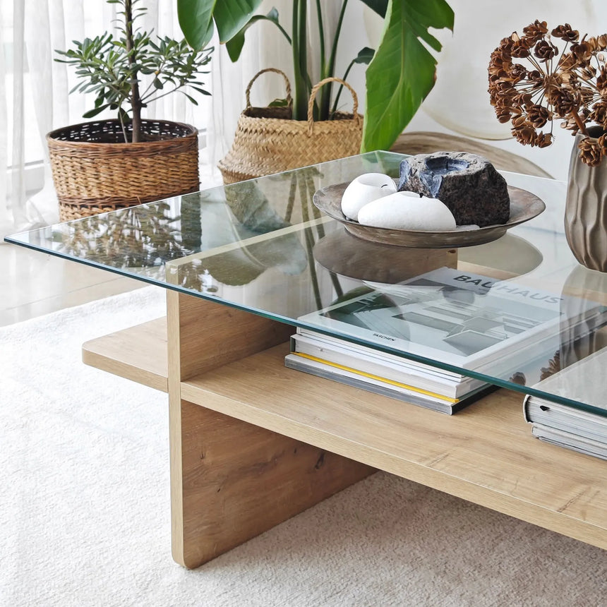 Couchtisch Saga Rectangle aus Holz und gehärtetem Glas in Saphir und Transparent, 105×65×35 cm von Hanah Home – Bild 7