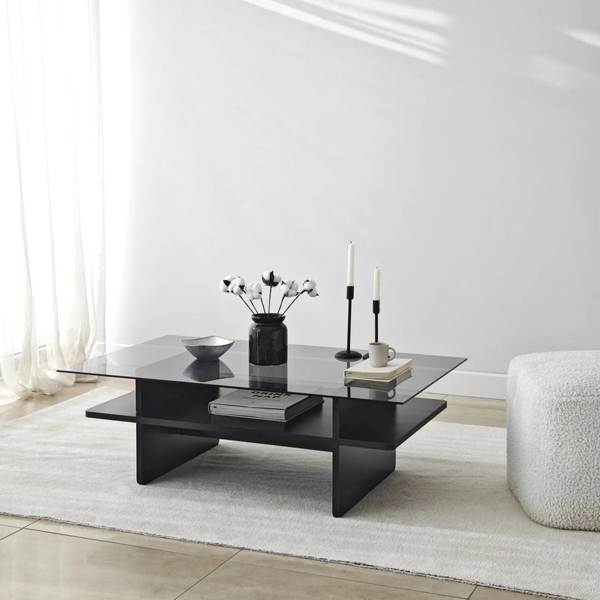 Couchtisch Saga Rectangle aus Holz und gehärtetem Glas in Schwarz und Rauch, 105×65×35 cm von Hanah Home – Bild 1