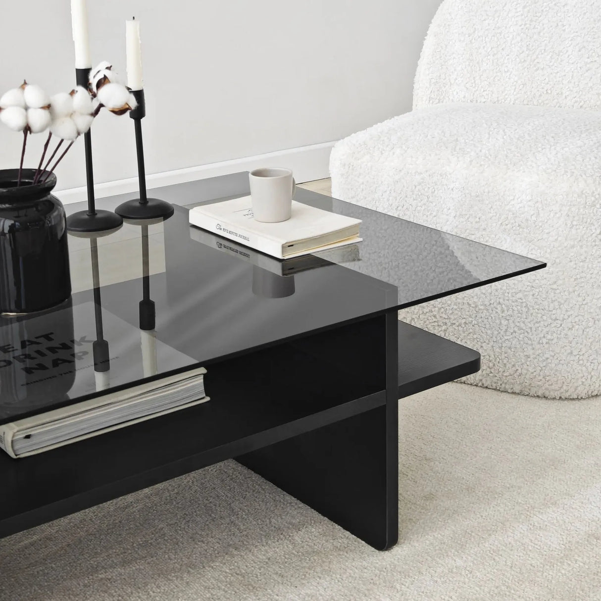 Couchtisch Saga Rectangle aus Holz und gehärtetem Glas in Schwarz und Rauch, 105×65×35 cm von Hanah Home – Bild 8
