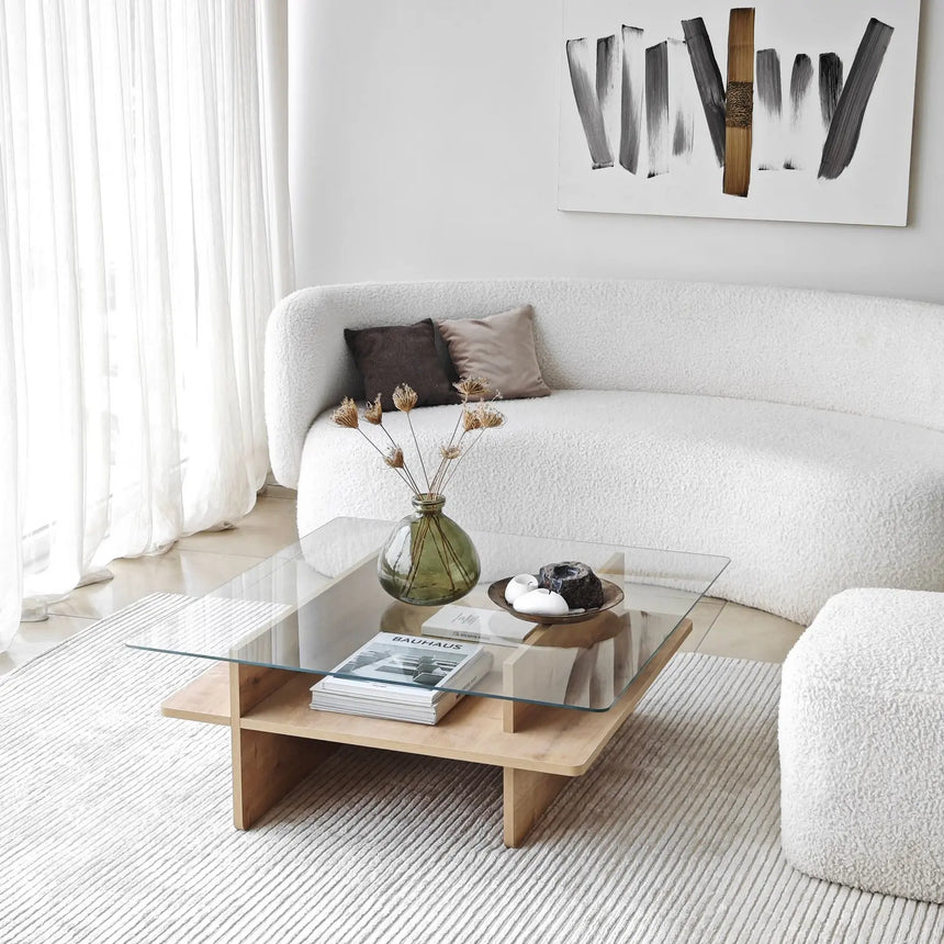 Couchtisch Saga Square aus gehärtetem Glas und melaminbeschichteten Holz, 90×90×35 cm von Hanah Home – Bild 1
