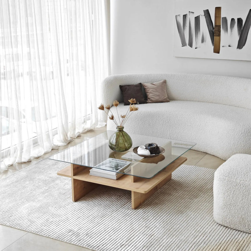 Couchtisch Saga Square aus gehärtetem Glas und melaminbeschichteten Holz, 90×90×35 cm von Hanah Home – Bild 4
