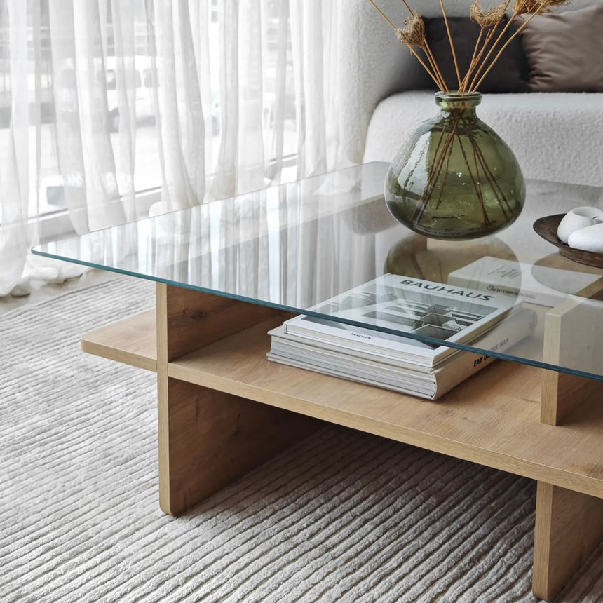 Couchtisch Saga Square aus gehärtetem Glas und melaminbeschichteten Holz, 90×90×35 cm von Hanah Home – Bild 8