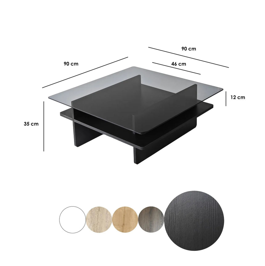 Couchtisch Saga Square aus gehärtetem Glas und melaminbeschichteten Holz in Schwarz und Dunkelgrau, 90×90×35 cm von Hanah Home – Bild 10