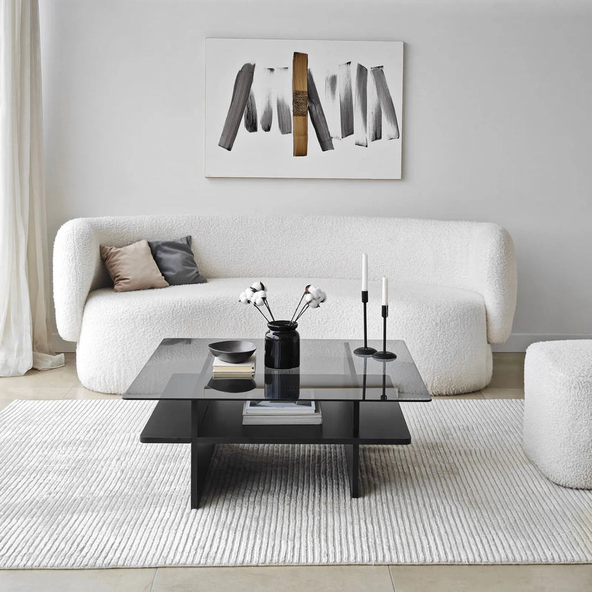 Couchtisch Saga Square aus gehärtetem Glas und melaminbeschichteten Holz in Schwarz und Dunkelgrau, 90×90×35 cm von Hanah Home – Bild 2