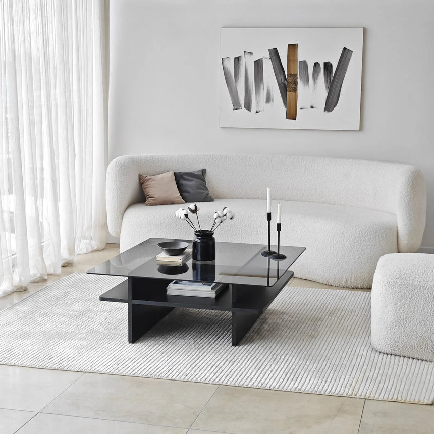 Couchtisch Saga Square aus gehärtetem Glas und melaminbeschichteten Holz in Schwarz und Dunkelgrau, 90×90×35 cm von Hanah Home – Bild 3