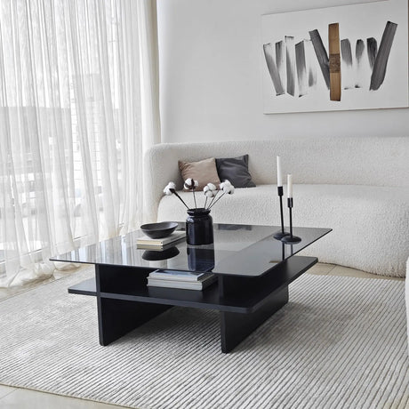 Couchtisch Saga Square aus gehärtetem Glas und melaminbeschichteten Holz in Schwarz und Dunkelgrau, 90×90×35 cm von Hanah Home – Bild 4