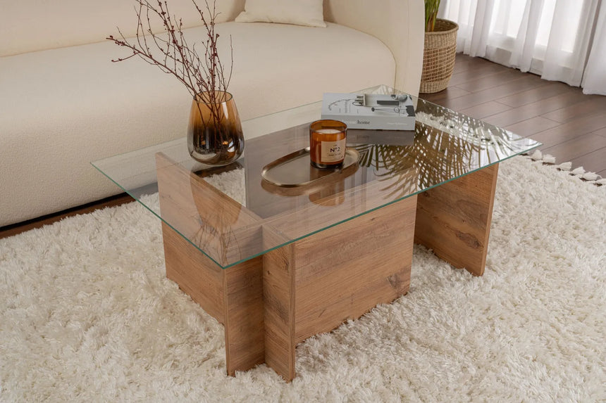 Couchtisch Vetrino aus gehärtetem Glas und melaminbeschichteten Holz in Atlantik-Kiefer, 105×65×40 cm von Hanah Home – Bild 1
