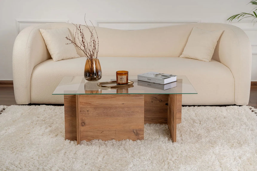 Couchtisch Vetrino aus gehärtetem Glas und melaminbeschichteten Holz in Atlantik-Kiefer, 105×65×40 cm von Hanah Home – Bild 3