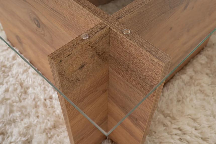 Couchtisch Vetrino aus gehärtetem Glas und melaminbeschichteten Holz in Atlantik-Kiefer, 105×65×40 cm von Hanah Home – Bild 4