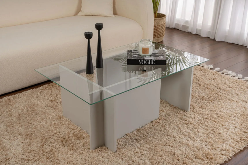 Couchtisch Vetrino aus gehärtetem Glas und melaminbeschichteten Holz in Grau, 105×65×40 cm von Hanah Home – Bild 1