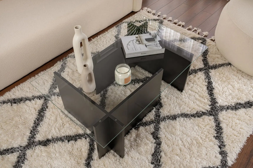 Couchtisch Vetrino aus gehärtetem Glas und melaminbeschichteten Holz in Holzschwarz, 105×65×40 cm von Hanah Home – Bild 2