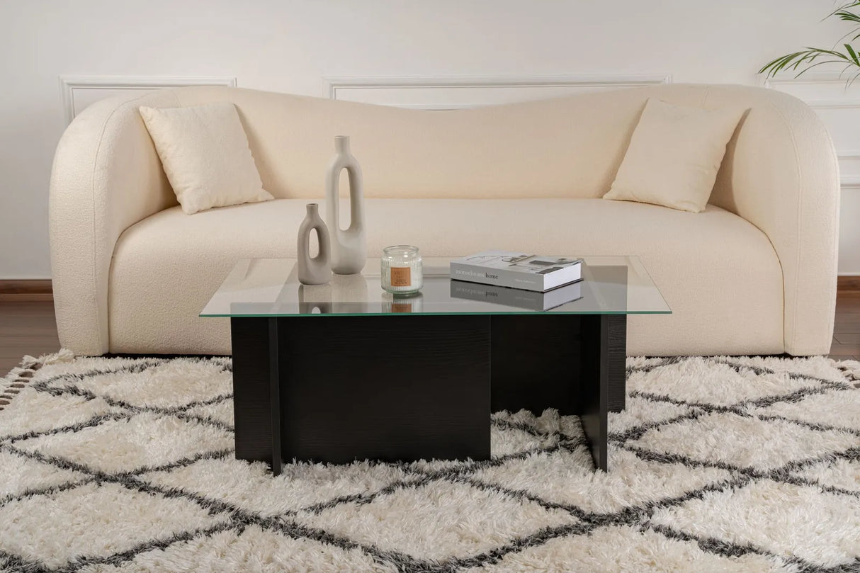Couchtisch Vetrino aus gehärtetem Glas und melaminbeschichteten Holz in Holzschwarz, 105×65×40 cm von Hanah Home – Bild 3