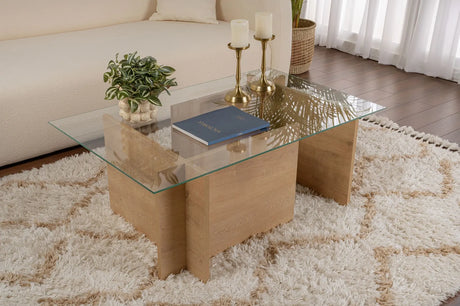 Couchtisch Vetrino aus gehärtetem Glas und melaminbeschichteten Holz in Honig-Eiche, 105×65×40 cm von Hanah Home – Bild 1