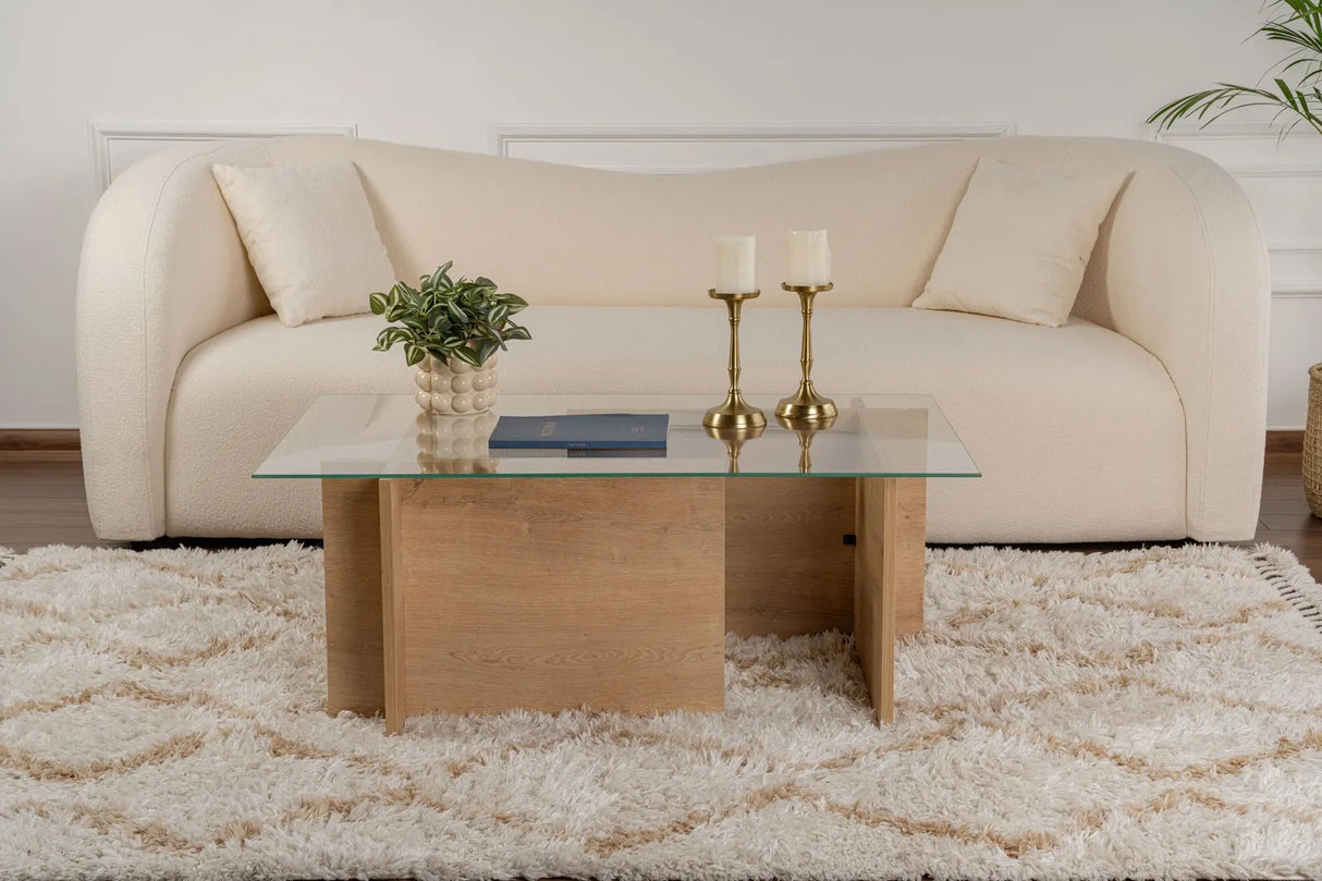 Couchtisch Vetrino aus gehärtetem Glas und melaminbeschichteten Holz in Honig-Eiche, 105×65×40 cm von Hanah Home – Bild 3