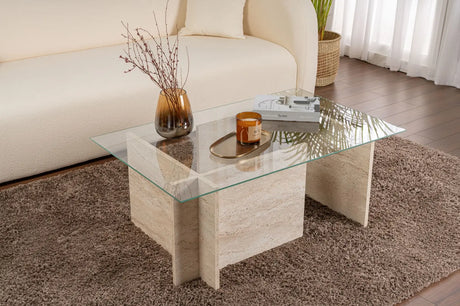 Couchtisch Vetrino aus gehärtetem Glas und melaminbeschichteten Holz in Travertin, 105×65×40 cm von Hanah Home – Bild 1