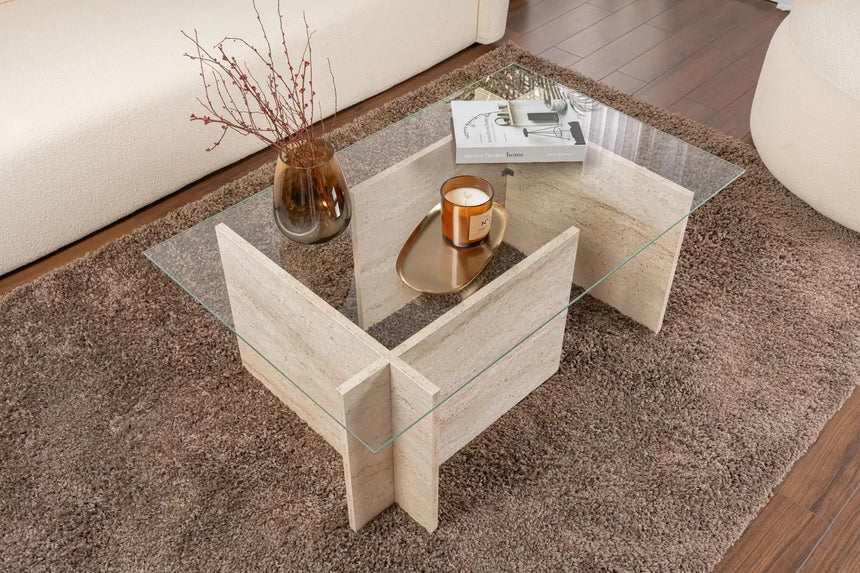 Couchtisch Vetrino aus gehärtetem Glas und melaminbeschichteten Holz in Travertin, 105×65×40 cm von Hanah Home – Bild 2
