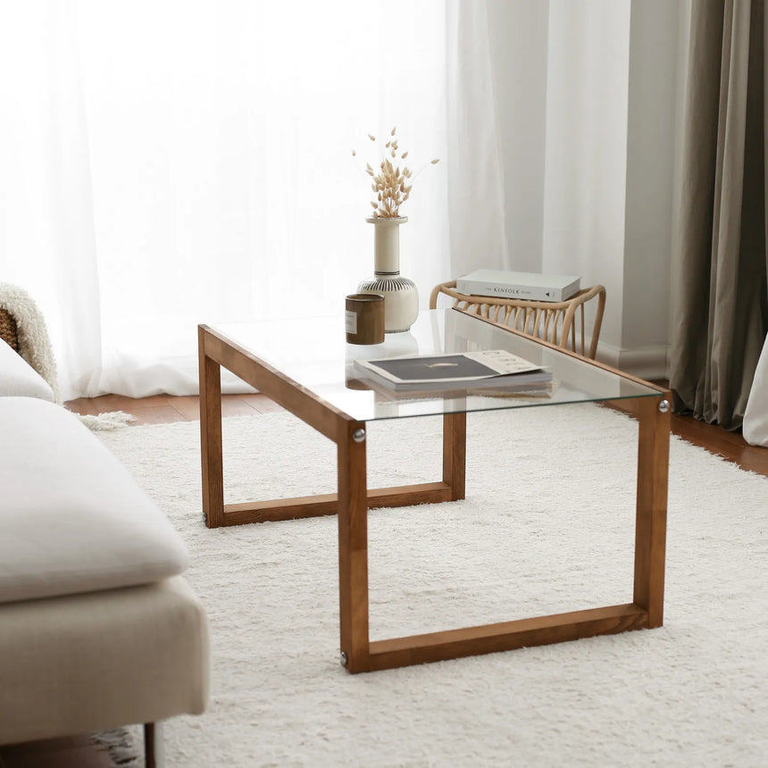 Couchtisch Via aus massivem Kieferholz und gehärtetem Glas in Holzfarbe, 85×55×40 cm von Hanah Home – Bild 1