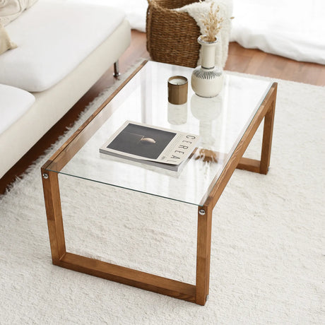 Couchtisch Via aus massivem Kieferholz und gehärtetem Glas in Holzfarbe, 85×55×40 cm von Hanah Home – Bild 2