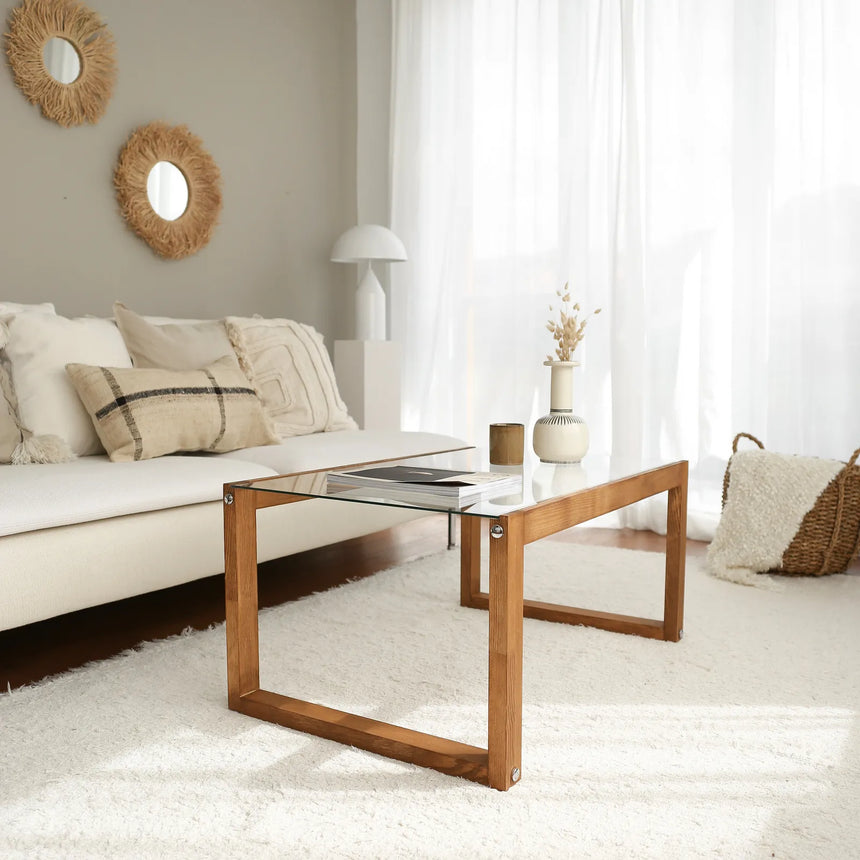 Couchtisch Via aus massivem Kieferholz und gehärtetem Glas in Holzfarbe, 85×55×40 cm von Hanah Home – Bild 3