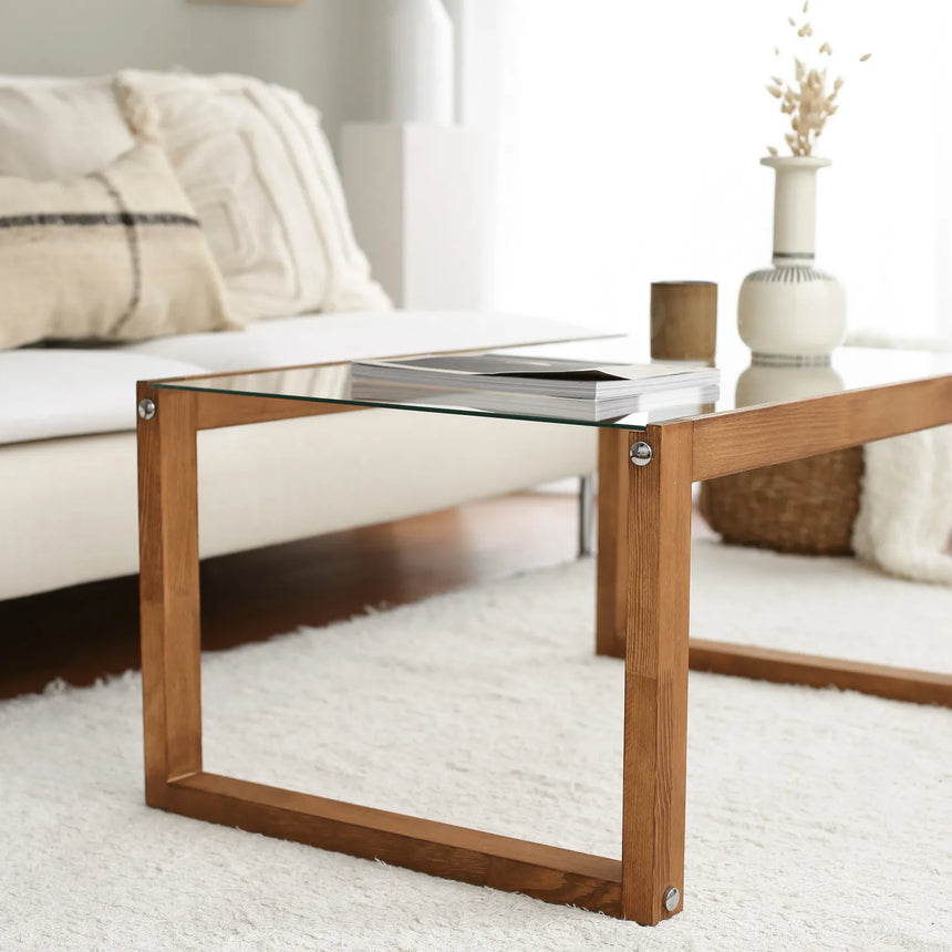 Couchtisch Via aus massivem Kieferholz und gehärtetem Glas in Holzfarbe, 85×55×40 cm von Hanah Home – Bild 5