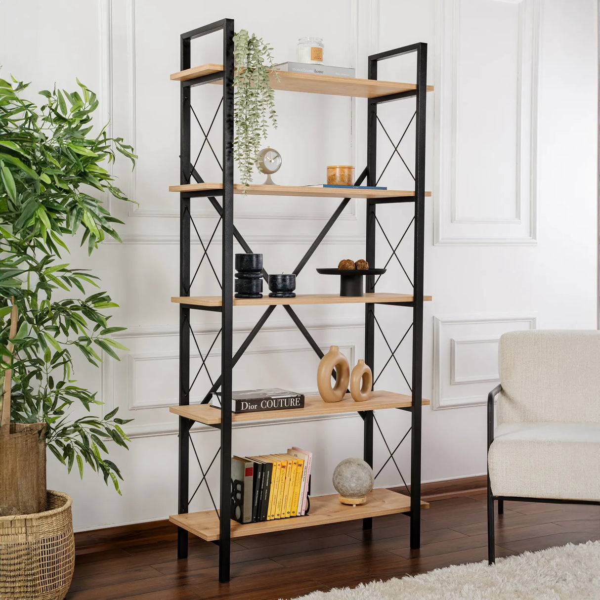 Regale Elysian aus melaminbeschichteten Holz und Metall in Eiche und Schwarz, 90x33,5x180 cm von Hanah Home – Bild 1