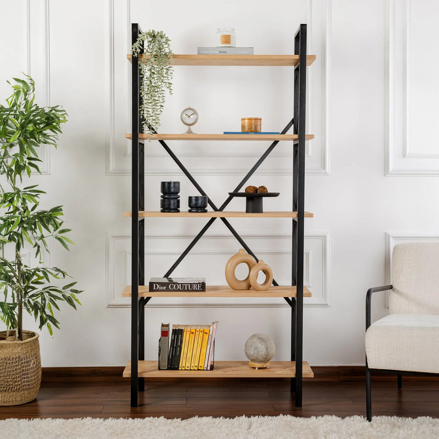 Regale Elysian aus melaminbeschichteten Holz und Metall in Eiche und Schwarz, 90x33,5x180 cm von Hanah Home – Bild 2