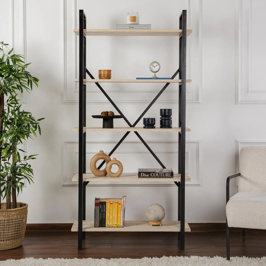 Regale Elysian aus melaminbeschichteten Holz und Metall in Travertin und Schwarz, 90x33,5x180 cm von Hanah Home – Bild 2