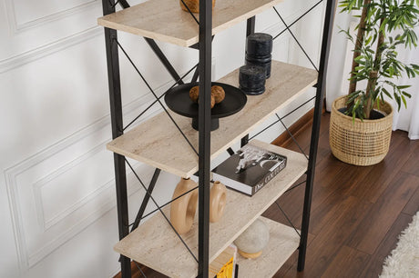 Regale Elysian aus melaminbeschichteten Holz und Metall in Travertin und Schwarz, 90x33,5x180 cm von Hanah Home – Bild 3