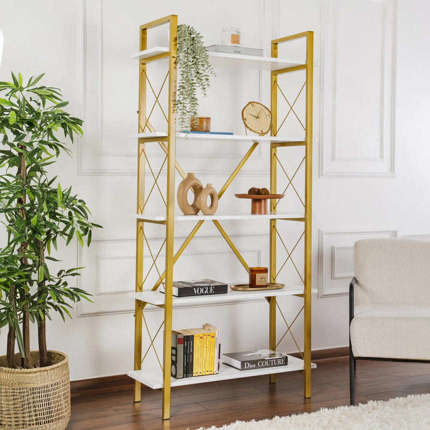 Regale Elysian aus melaminbeschichteten Holz und Metall in Weiß und Gold, 90x33,5x180 cm von Hanah Home – Bild 1