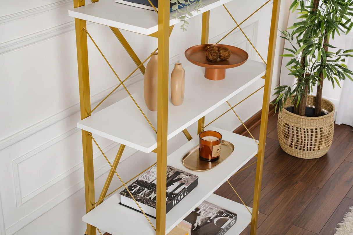 Regale Elysian aus melaminbeschichteten Holz und Metall in Weiß und Gold, 90x33,5x180 cm von Hanah Home – Bild 3