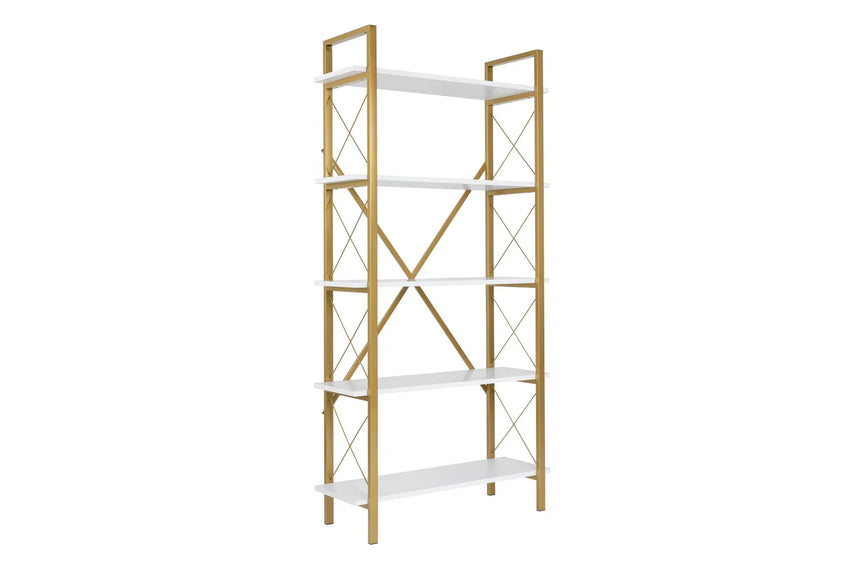 Regale Elysian aus melaminbeschichteten Holz und Metall in Weiß und Gold, 90x33,5x180 cm von Hanah Home – Bild 5
