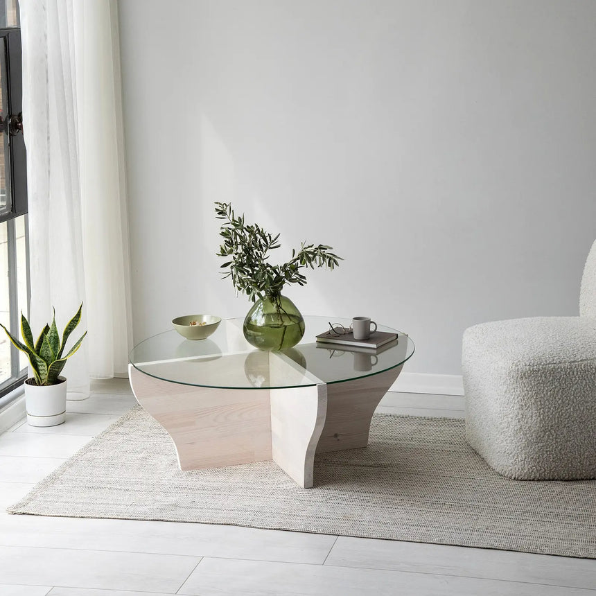 Runder Couchtisch Amphora aus Kiefernholz und gehärtetem Glas 92Ø von Hanah Home – Bild 1