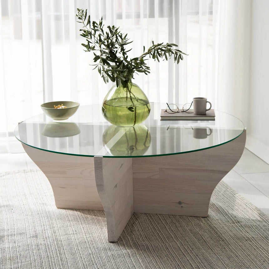 Runder Couchtisch Amphora aus Kiefernholz und gehärtetem Glas 92Ø von Hanah Home – Bild 3