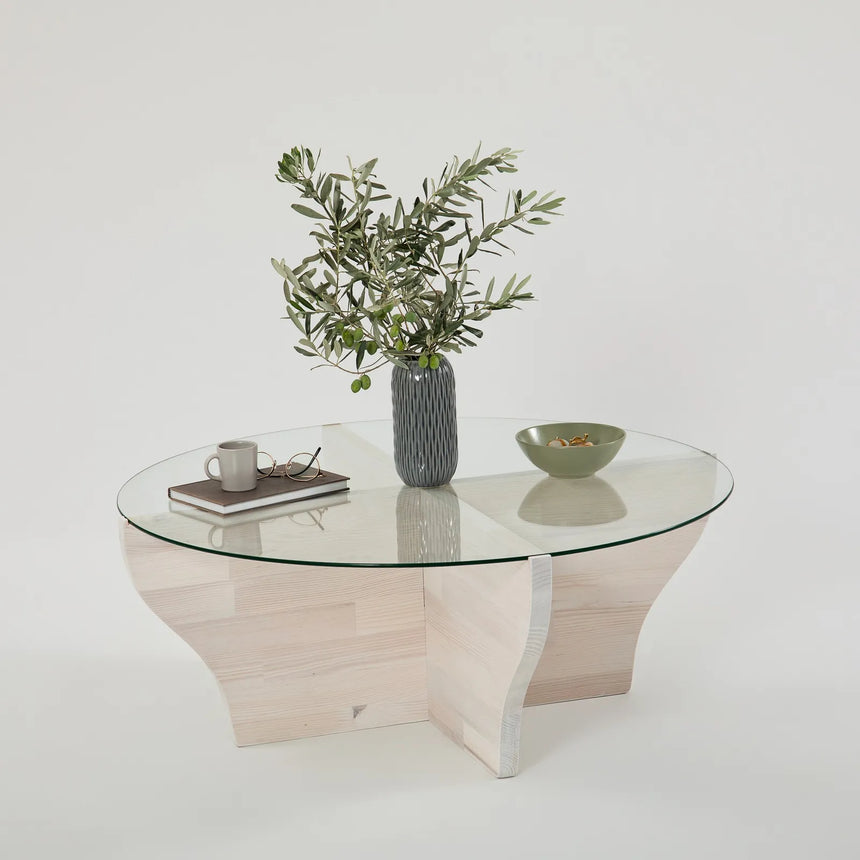 Runder Couchtisch Amphora aus Kiefernholz und gehärtetem Glas 92Ø von Hanah Home – Bild 5