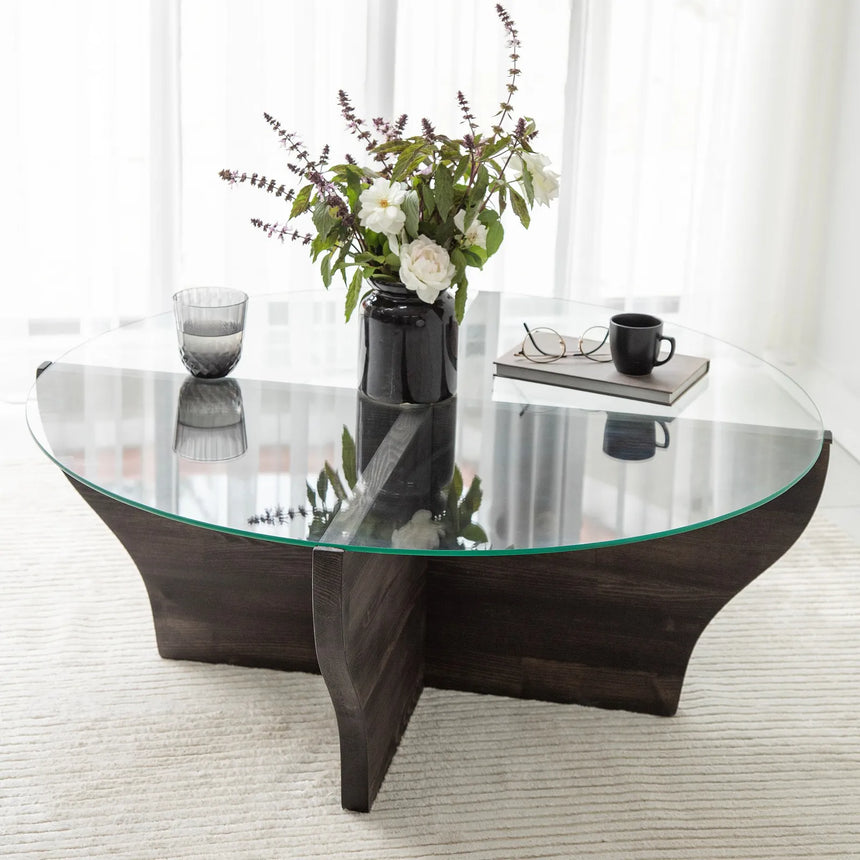 Runder Couchtisch Amphora aus Kiefernholz und gehärtetem Glas in Anthrazit 92Ø von Hanah Home – Bild 2
